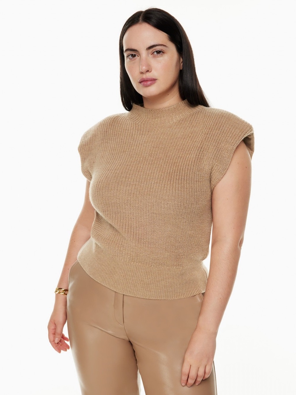Babaton 100% Merino Wool Padded Shoulder Ribbed Knit Sleeveless Top in Tan